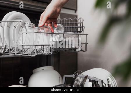 Close-up of female hand loading dished to, empty out or unloading from open automatic stainless built-in dishwasher machine with clean utensils inside in modern home kitchen. Household domestic life Stock Photo