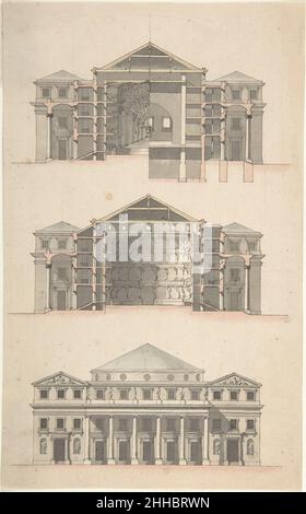 Design for a Theatre 18th century Anonymous, French, 18th century French Theater design was a popular subject for architectural competitions during the eighteenth century. As a result, many extant architectural drawings of theaters do not represent realized building projects but rather are exercises or conceptual designs. Despite their conceptual nature, the designs have often still been worked out with a great level of detail. This drawing, for example, is part of a group of three detailing the floorplan, facade, side elevation, and various sections of a building that, as of yet, has not been Stock Photo