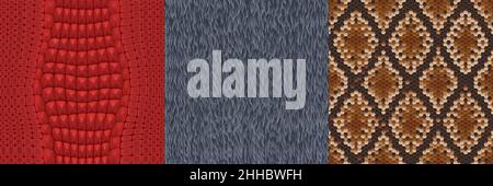 Animal skin and fur seamless textures for game. Realistic 3d vector repeated patterns of snake, crocodile and bear or wolf wool and leather. Textile backgrounds of natural or artificial skins set Stock Vector