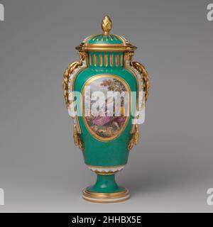 Vase with cover (vase à bandes) (one of a pair) ca. 1770–75 Sèvres Manufactory French The bucolic scenes on the front of these vases (see also 58.75.68a, b) are after compositions by the French painter Jean-Antoine Watteau (1684–1721). Engraved together on one copper plate by Louis Crépy in 1729, L'heureux moment (the happy moment) and Le berger content (the content shepherd) were, as a result, printed on the same sheet of paper and often used as a pair.[Jeffrey H. Munger, 2006]. Vase with cover (vase à bandes) (one of a pair)  202173 Stock Photo