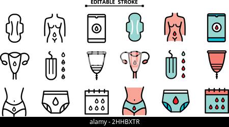 Menstruation color simple icon set. Editable stroke. Can be used to illustrate feminine hygiene and health. Periods flat symbol outline icons in trend Stock Vector
