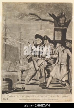 The Bostonians Paying the Excise-Man, or Tarring & Feathering October 31, 1774 Attributed to Philip Dawe British This pre-American Revolution satire published in London shows John Malcolm, British customs agent in Massachusetts, tarred, feathered, and forced to drink tea. The event of January 24, 1774 occurred soon after the Boston Tea party of December 16, 1773 where colonists famously dumped imported tea into the harbor to protest a tax levied by the British Parliament. This is the earliest known representation of the later event with strong tonal contrasts and broad details produced by a wo Stock Photo