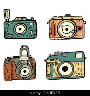Set retro camera isolated on white background. Hand drawn vintage line art icons photo camera. Doodle vector illustration. Stock Vector