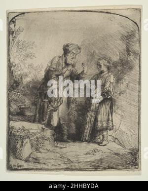 Abraham and Isaac 1645 Rembrandt (Rembrandt van Rijn) Dutch Among Rembrandt's most moving prints, this etching depicts the story of Abraham, who, as a test of his faith, was ordered by God to sacrifice his son Isaac. As is typical of the artist's work of the 1640s, Rembrandt chose to illustrate the most emotionally poignant moment of the story: Isaac, unwittingly the intended sacrifice, asks his father, 'Where is the lamb for the offering?' Abraham responds that God will provide one. Rembrandt arranged the composition around the pivotal gesture of the father, who points to God with his upraise Stock Photo