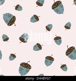 Random seamless autumn pattern with blue creative acorns. Doodle cartoon silhouettes on light background. Flat vector print for textile, fabric, giftw Stock Vector