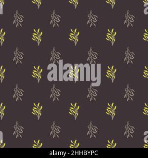 Foliage branch seamless pattern in abstract style. Grey dark background with yellow colored details. Flat vector print for textile, fabric, giftwrap, Stock Vector