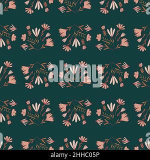 Pink wild flowers bouquet simple seamless pattern. Dark green background. Nature print. Stock illustration. Vector design for textile, fabric, giftwra Stock Vector