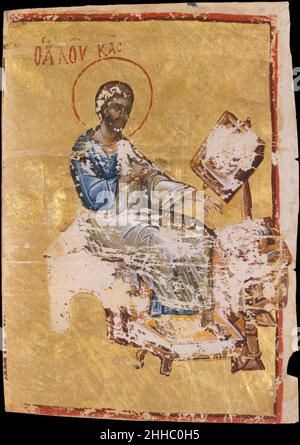 Manuscript Illumination with the Evangelist Luke late 13th–early 14th century Byzantine On a single page from a gospel book, the illumination shows the evangelist Luke seated on a backless chair, reaching with his left arm toward the open book on a pedestal before him. He wears a loose-fitting blue tunic and white himation, and sandals on his feet. He holds a quill pen in his right hand as he pauses to contemplate the text. His sandaled feet rest on a footstool, next to a small book cabinet that extends beyond the border of the illumination. Careful study of the cabinet reveals the artist's at Stock Photo