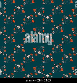 Little red flowers bouquet silhouettes seamless pattern. Navy blue dark background. Stock illustration. Vector design for textile, fabric, giftwrap, w Stock Vector