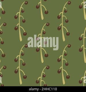 Botanic seamless pattern with brown berries and beige branches. Green pale background. Flat vector print for textile, fabric, giftwrap, wallpapers. En Stock Vector