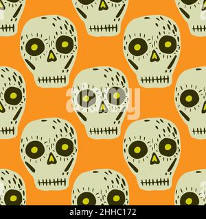 Mexican day og death holiday seamless skull pattern. Doodle grey ornament on yellow background. Vector illustration for seasonal textile prints, fabri Stock Vector