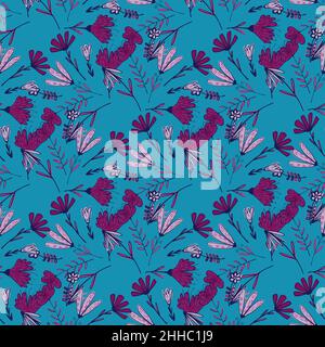 Pink colored flowers bouquet seamless pattern. Hand drawn botanical print with blue background. Stock illustration. Vector design for textile, fabric, Stock Vector