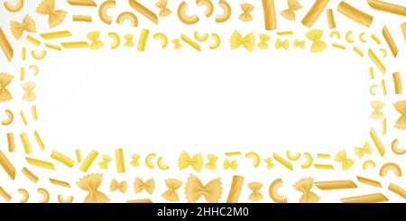 Background with pasta, italian macaroni and empty space. Vector banner with frame of realistic macaroni pieces, penne, farfalle, rigatoni and elbows isolated on white background Stock Vector