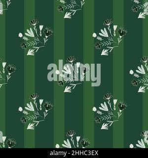 Nature seamless pattern with doodle bouquet of flowers print. Striped green background. Stock illustration. Vector design for textile, fabric, giftwra Stock Vector