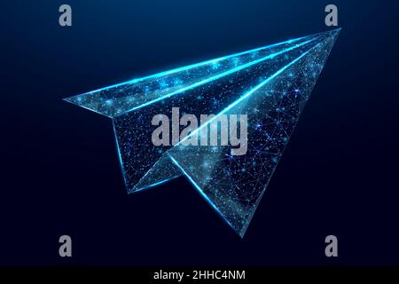 Polygonal paper plane. Business startup, innovation, growth, travel, way forward freedom concept. Wireframe low poly plane. Isolated on dark blue back Stock Vector