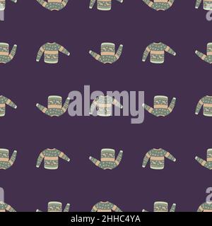 Vintage grandma sweater seamless cozy pattern. Christmas gift clothes ornament on purple background. Flat vector print for textile, fabric, giftwrap, Stock Vector