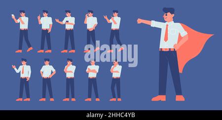 Office man employee various posing action flat vector illustration. For website, web, application, presentation, printing, document, poster design, so Stock Vector