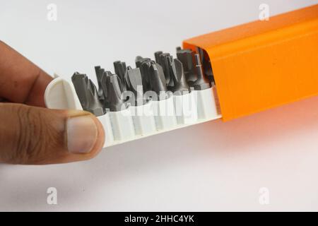 Screw Bit holder Objects printed on a 3d printer in practical use. Product of progressive modern additive technology Stock Photo