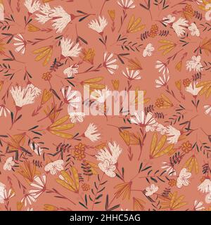Decorative seamless pattern with white and orange colored fllowers bouquet silhouettes. Pink background. Stock illustration. Vector design for textile Stock Vector