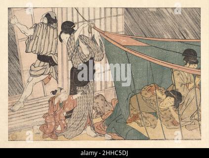 The Coming Thunderstorm, from the illustrated book Flowers of the Four Seasons 1801 Kitagawa Utamaro Japanese Utamaro portrays a moment in which life in a townsman's home is enlivened and refreshed by a sudden change in the weather. The father rushes to close the outer doors against the rain, while family members dive under a raised mosquito net, which was believed to offer protection from the thunder spirits.Utamaro, a prolific ukiyo-e artist, was fascinated by themes of daily life as well as by beautiful women.. The Coming Thunderstorm, from the illustrated book Flowers of the Four Seasons Stock Photo