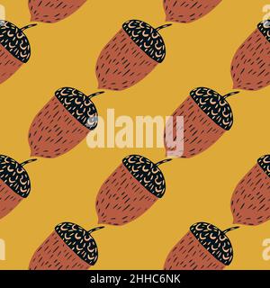 Autumn seamless pattern with paste tones chestnut hand drawn elements on yellow background. Graphic design for wrapping paper and fabric textures. Vec Stock Vector