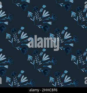 Blue colored cute flower bouquets seamless pattern. Hand drawn vintage botanic print. Stock illustration. Vector design for textile, fabric, giftwrap, Stock Vector