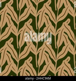 Nature seamless pattern with autumn pale beige leaf branches shapes on dark green background. Vector illustration for seasonal textile prints, fabric, Stock Vector