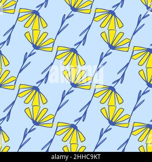 Bright summer seamless pattern with yellow daisy ornament. Blue backround. Flat vector print for textile, fabric, giftwrap, wallpapers. Endless illust Stock Vector