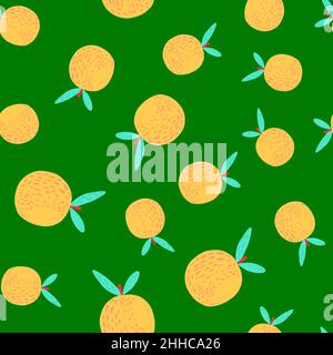 Seamless random pattern with hand drawn simple orange mandarins elements. Green background. Graphic design for wrapping paper and fabric textures. Vec Stock Vector