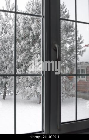 Amazing view on fir trees covered with snow, part of wooden cottage and snowy ground through big house window with white frames. Copy space. Enjoying Stock Photo