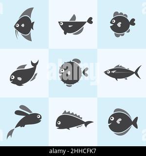 Set of vector fish icons on blue background. Easy editable layered vector illustration. Stock Vector