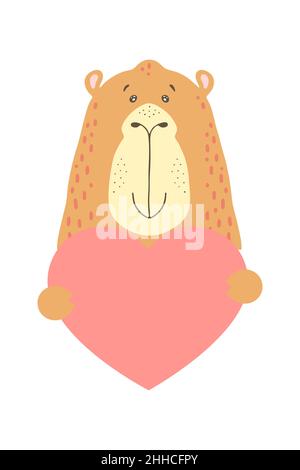 Cute cartoon camel goof animal holds a heart sign with copy space. set valentine's day greeting card banner invitation flyer brochure. cartoon hand drawn style. Little animals pets in love, declaration of love. Stock Vector