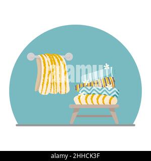 Towels on bench and hanging towel illustration. Colorful vector. Stock Vector