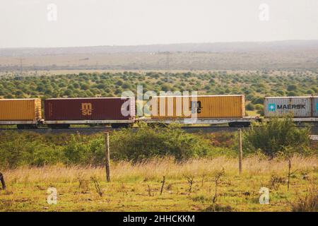 Cargo train on the Nairobi Mombasa Railway seen from Nairobi National Park, Kenya Stock Photo