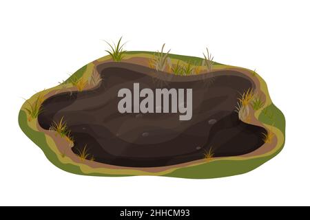 Dirty mud puddle, swamp with stone, grass in cartoon style isolated on white background. Natural wet soil, forest pond, lake clip art. . Vector illustration Stock Vector