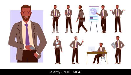 Businessman poses set, office worker character showing business presentation on lecture Stock Vector