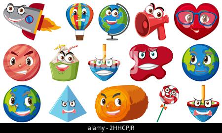 Set of different toy objects with smiley faces illustration Stock Vector
