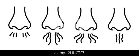 Nose and breath icon. Nasal breathing. Human organ of smell. Unpleasant smell. Nose inhales fragrance. Set of outline icons. Vector illustration in Stock Vector