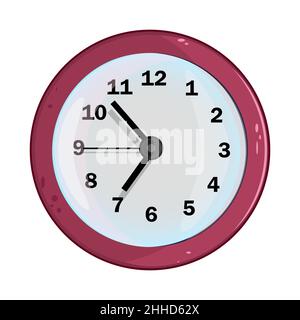 Clock isolated on white background. Red wall office clock. Round watch with time arrows and clock face.Business analog timer.Stock vector illustration Stock Vector
