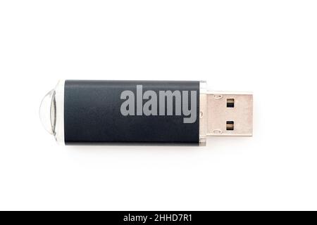 Black USB flash drive isolated on white, top view Stock Photo