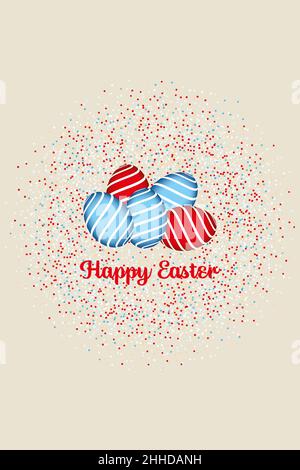 Creative Easter card with easter eggs in red and blue framed by colorful confetti and text Happy Easter - every detail can be used separately Stock Photo