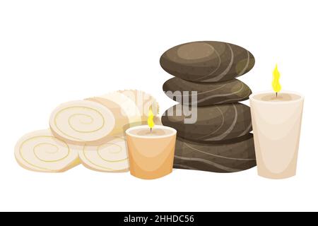 Rolled towels, spa stones tower and aroma candles in cartoon style isolated on white background. Relax, wellness concept. Vector illustration Stock Vector
