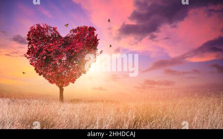 Heart Tree Love For Nature Red Landscape At Sunset Stock Photo