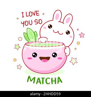 Kawaii bunny with matcha tea cup. Cute little rabbit and bowl of japanese green matcha tea. Inscription I love you so matcha. Vector illustration EPS8 Stock Vector