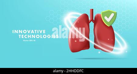 webb banner with 3d illustration of human lungs with protective field and shield icon Stock Vector