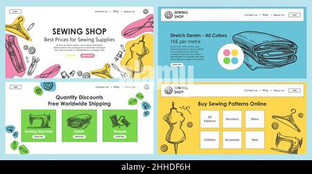 Sewing shop concept, web page template design set Stock Vector