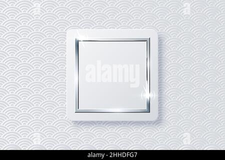 Realistic vector sparkling shiny glowing silver square on white button isolated on abstract chinese traditional oriental ornament pattern with wave. R Stock Vector
