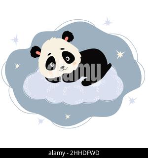 Cute panda lies on gentle cloud Against background with stars. Vector illustration. Baby animals character for nursery, design, decoration and Stock Vector