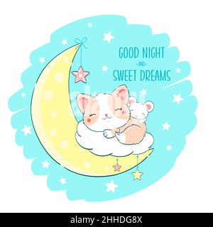 Cute baby cat and mouse Is sleeping on moon. Inscription Good night and sweet dreams. Can be used for for childish t-shirt prints, nursery poster,  ba Stock Vector