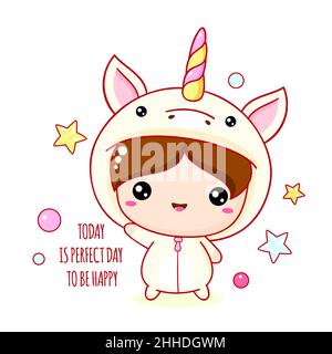 Cute baby in unicorn costume. Today is perfect day to be happy. Banner with affirmation for kids playroom. Motivational quote for greeting card, invit Stock Vector